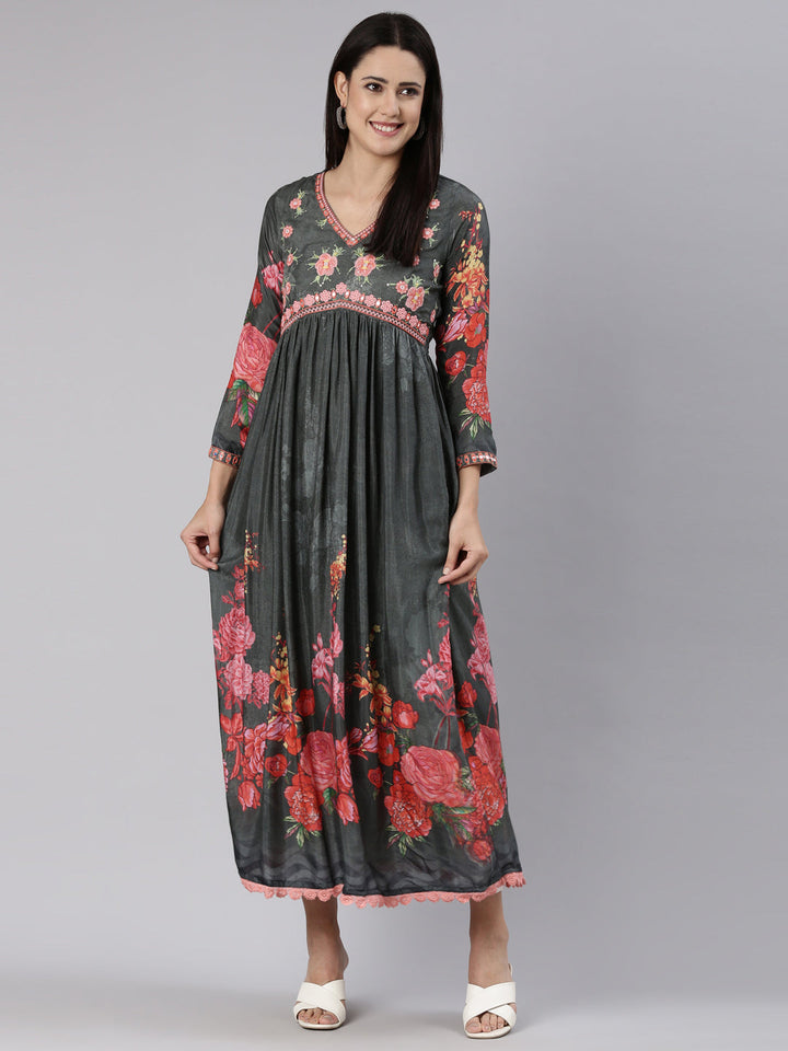 Neerus Grey Straight Casual Floral Dress