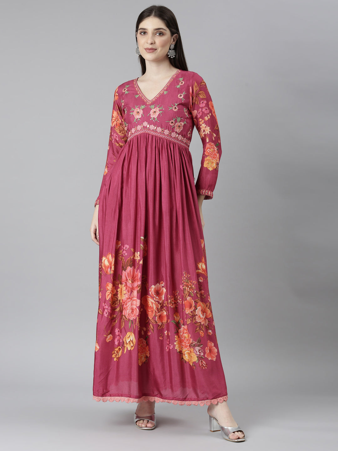 Neerus Pink muslin printed flared dress - front view