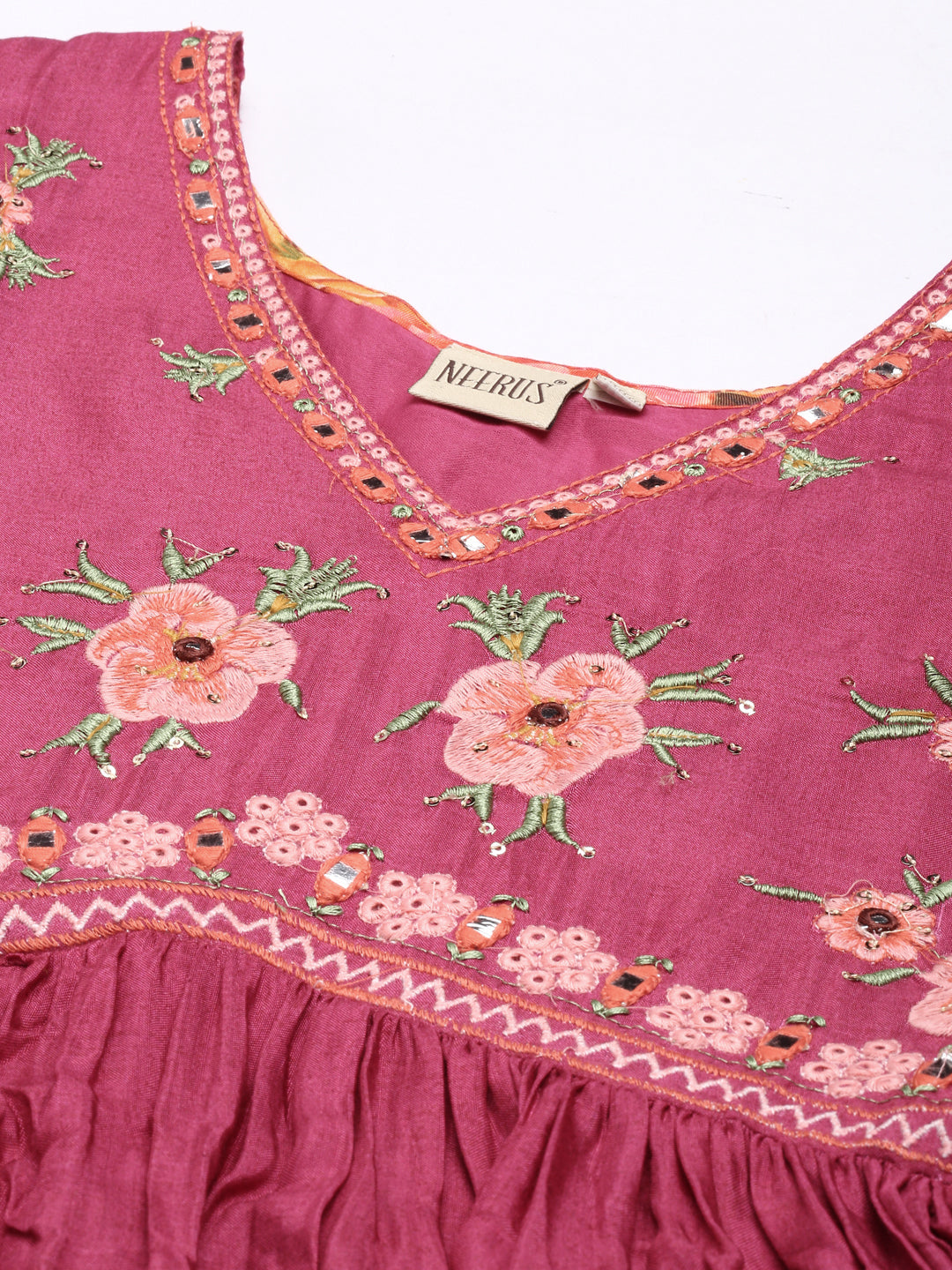 Neerus Pink muslin printed flared dress - back view