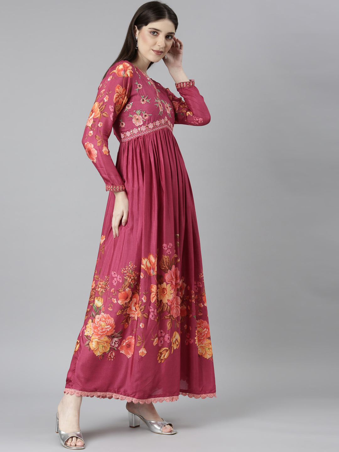 Neerus Pink muslin printed flared dress - side view