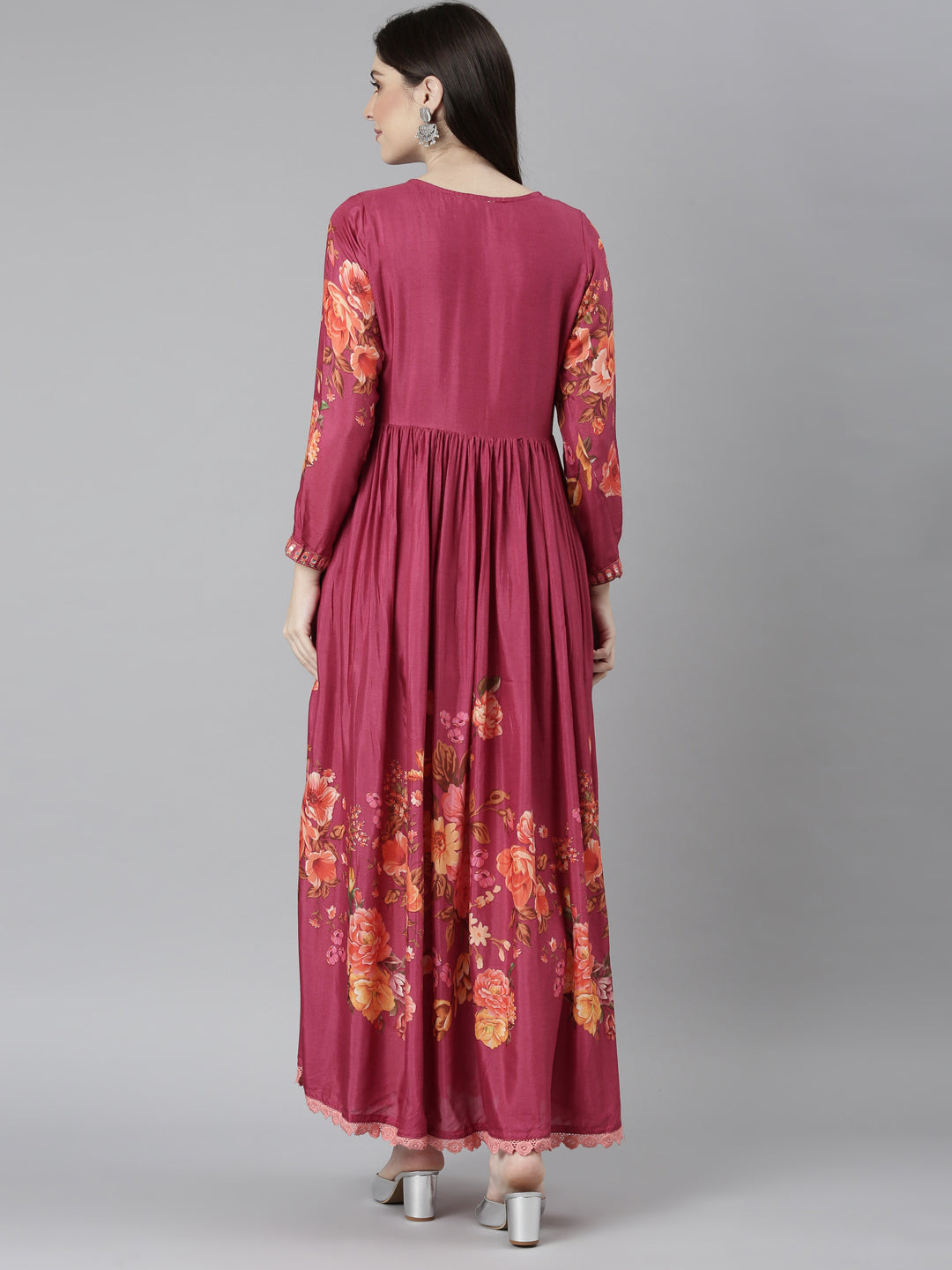 Neerus Pink muslin printed flared dress - detail view 1
