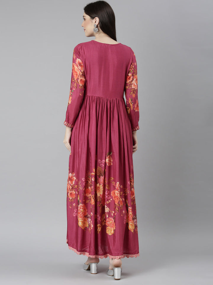 Neerus Pink muslin printed flared dress - detail view 1