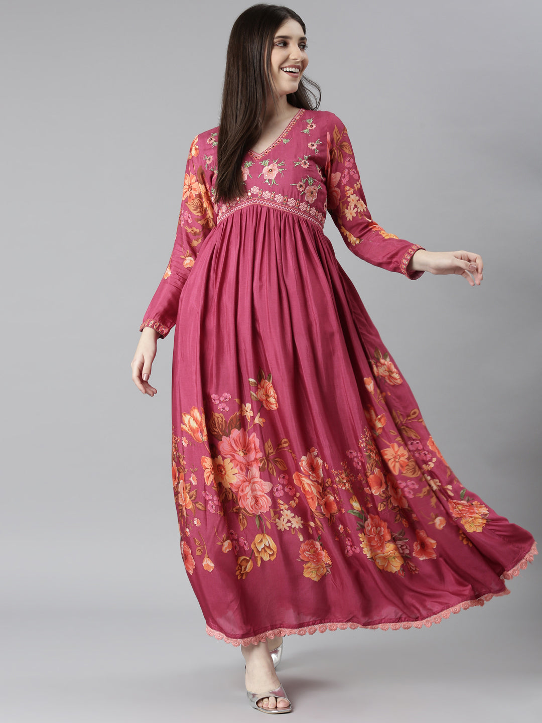 Neerus Pink muslin printed flared dress - detail view 2