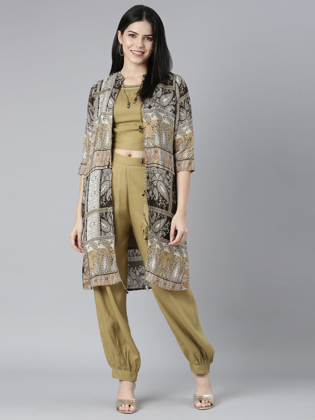 Neerus Beige crepe printed kurta set - front view