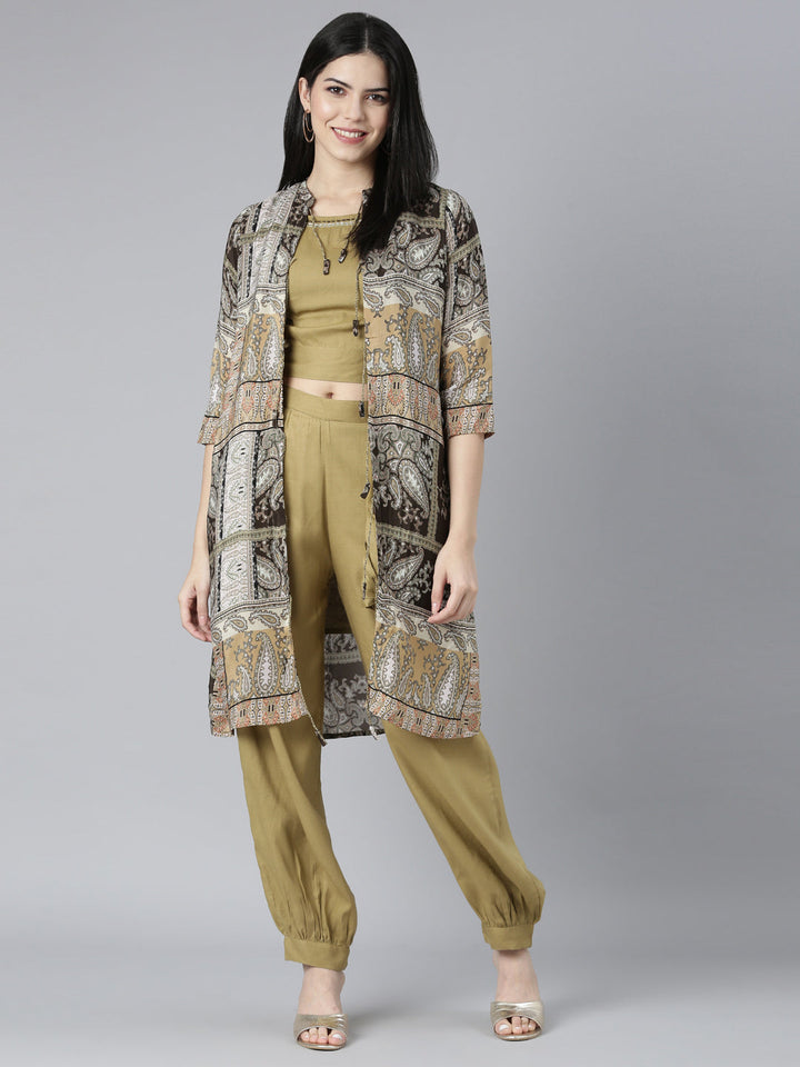 Neerus Beige crepe printed kurta set - front view