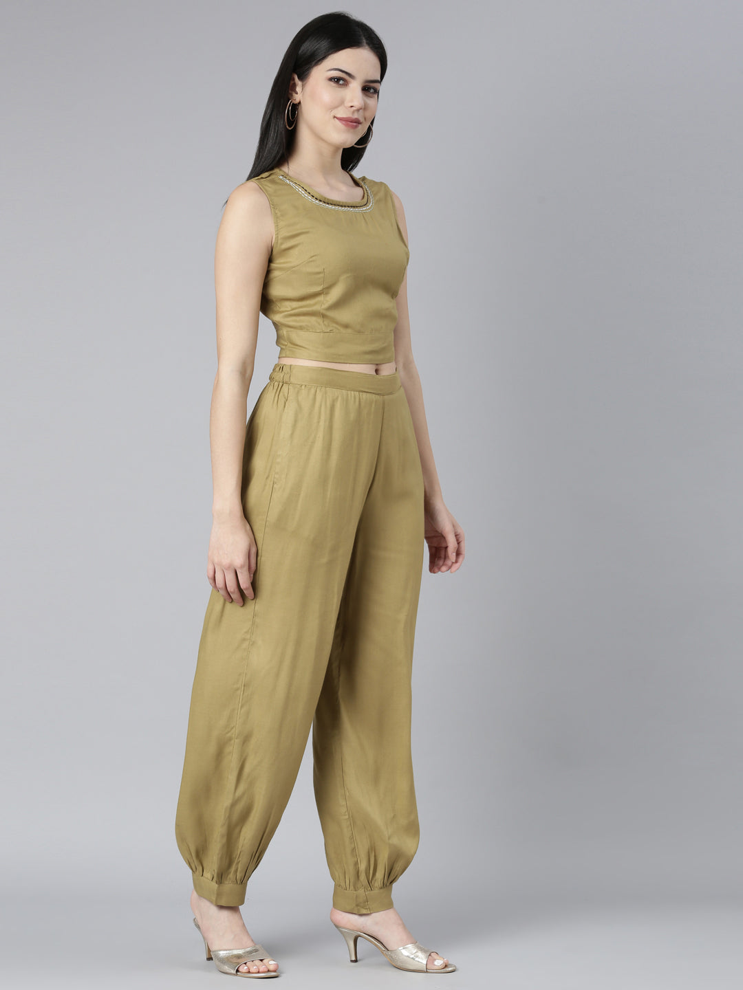 Neerus Beige crepe printed kurta set - back view
