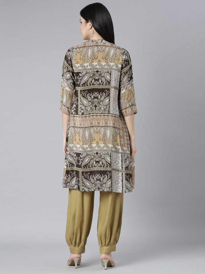 Neerus Beige crepe printed kurta set - side view