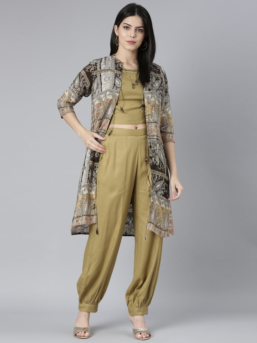 Neerus Beige crepe printed kurta set - detail view 2