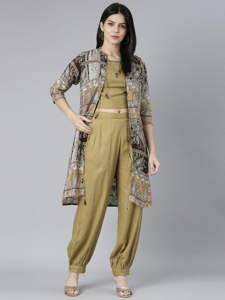 Neerus Beige crepe printed kurta set - detail view 2