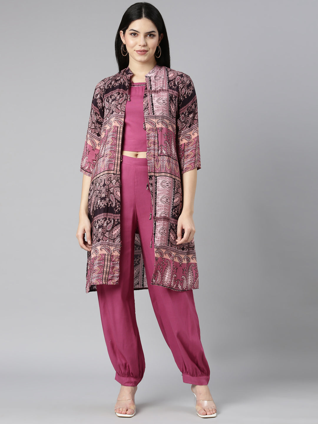 Neerus Pink printed paisley straight kurta set - front view