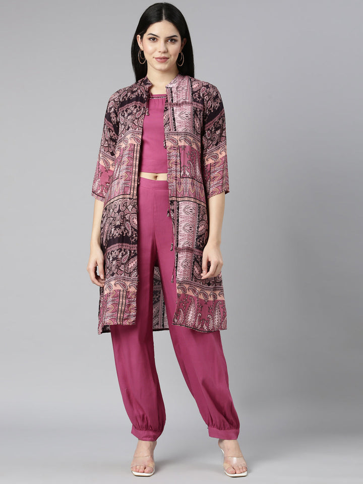 Neerus Pink printed paisley straight kurta set - front view
