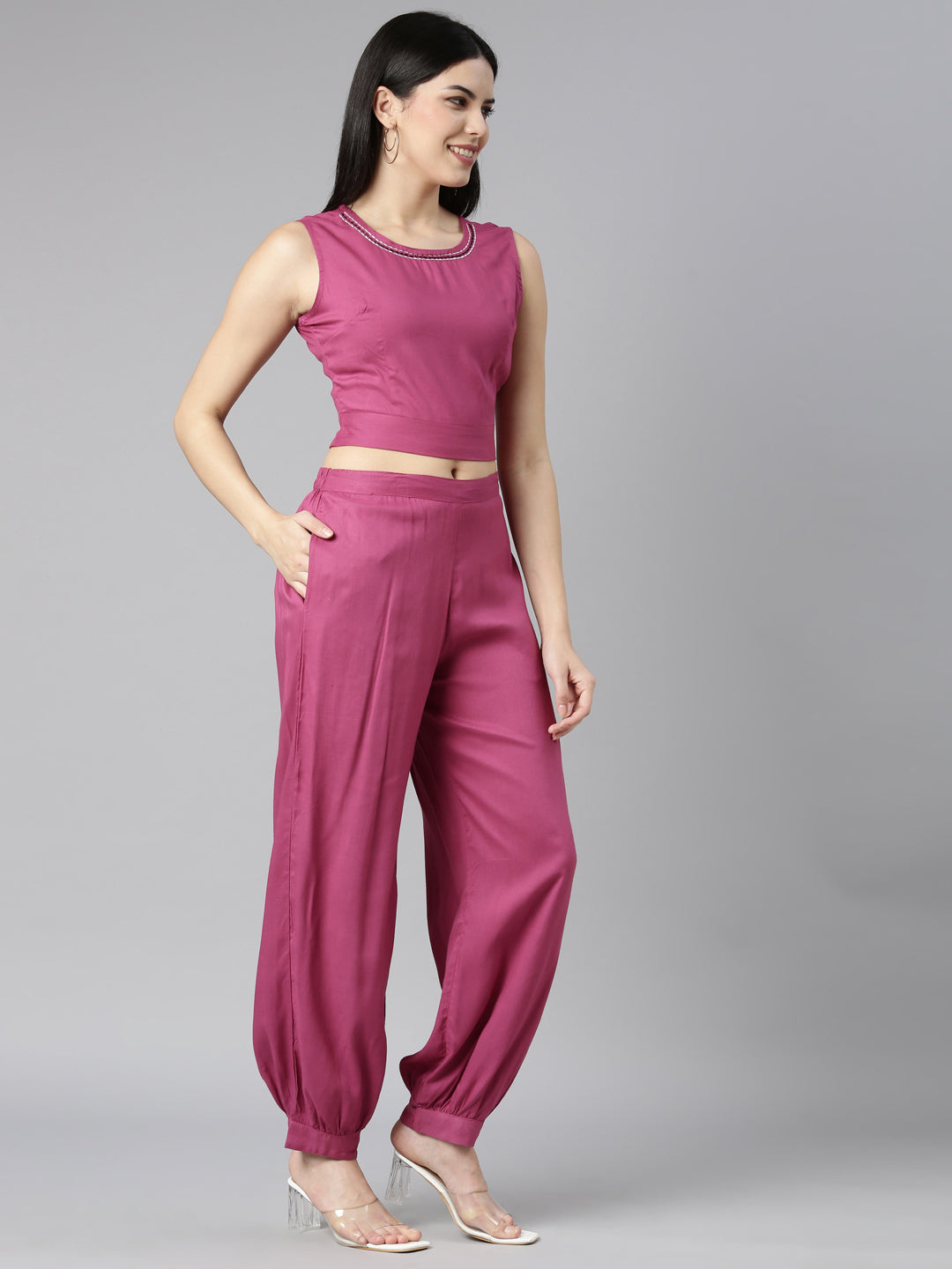 Neerus Pink printed paisley straight kurta set - back view