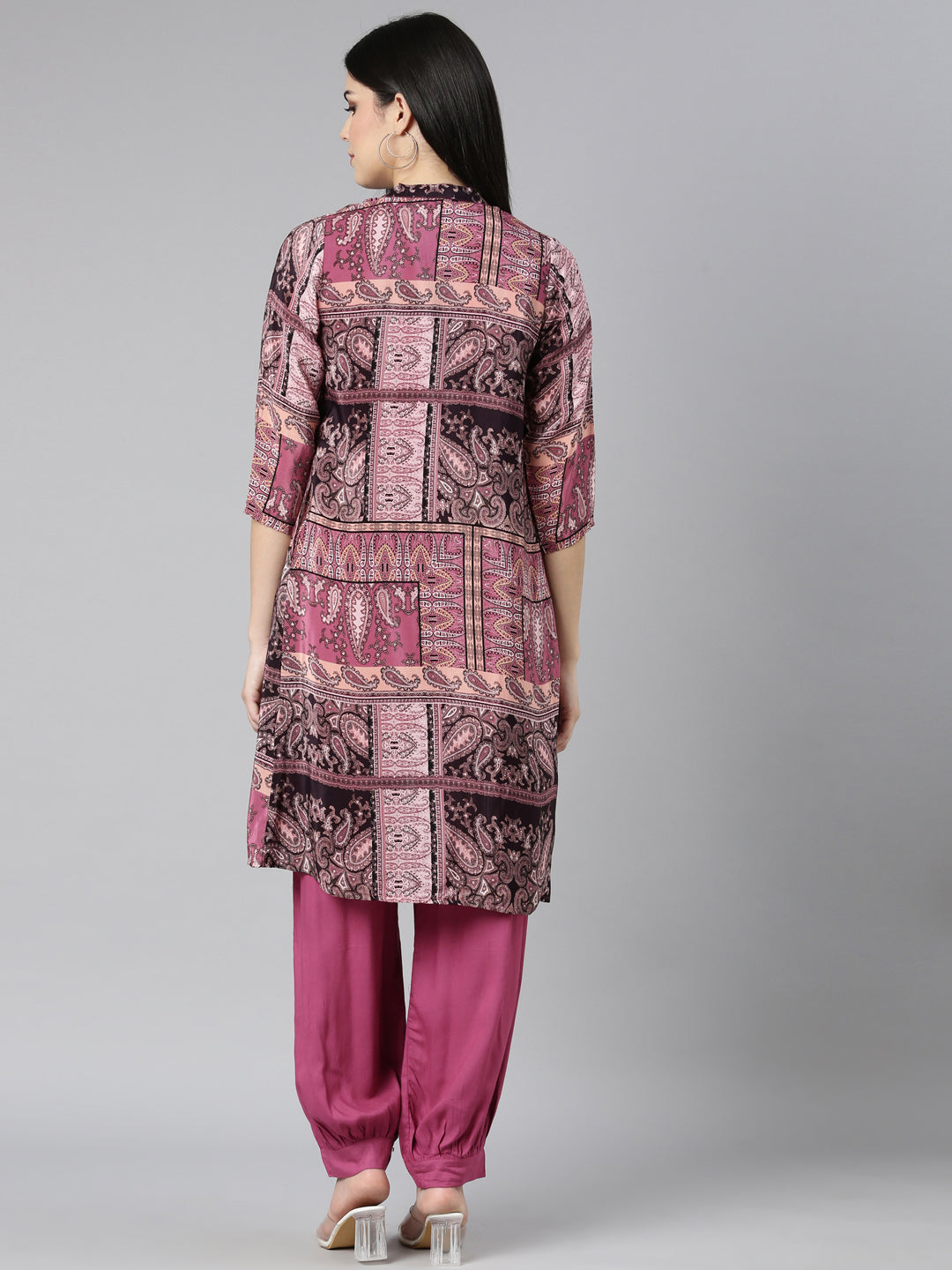Neerus Pink printed paisley straight kurta set - side view