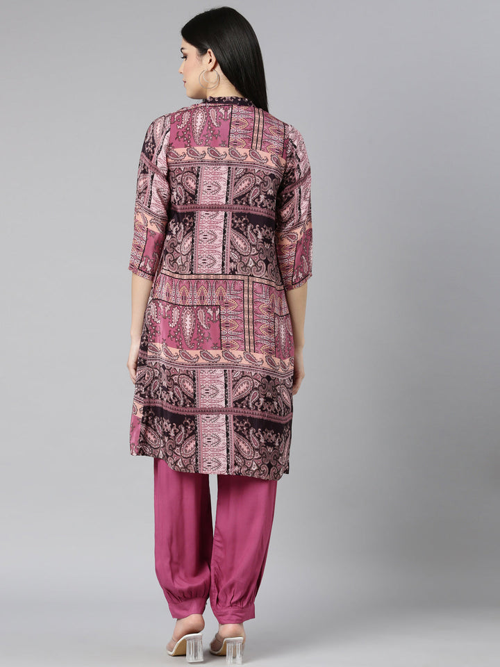 Neerus Pink printed paisley straight kurta set - side view