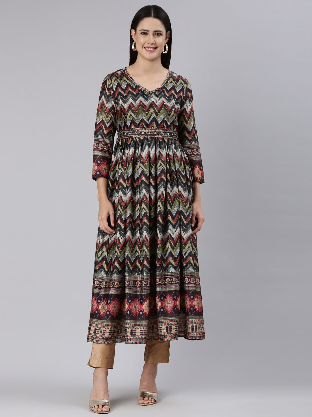 Neerus Multi printed chevron straight dress - front view