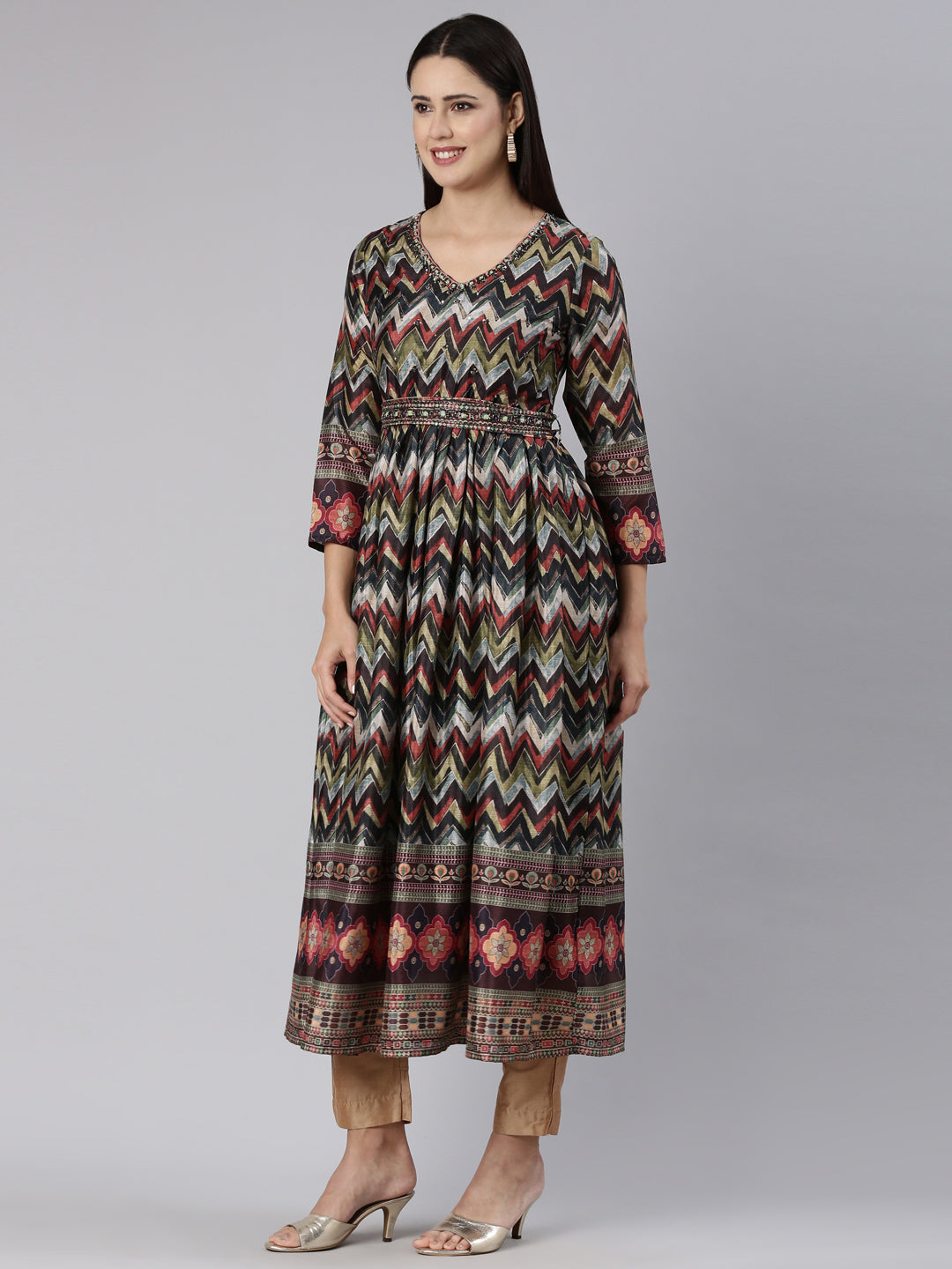 Neerus Multi printed chevron straight dress - back view