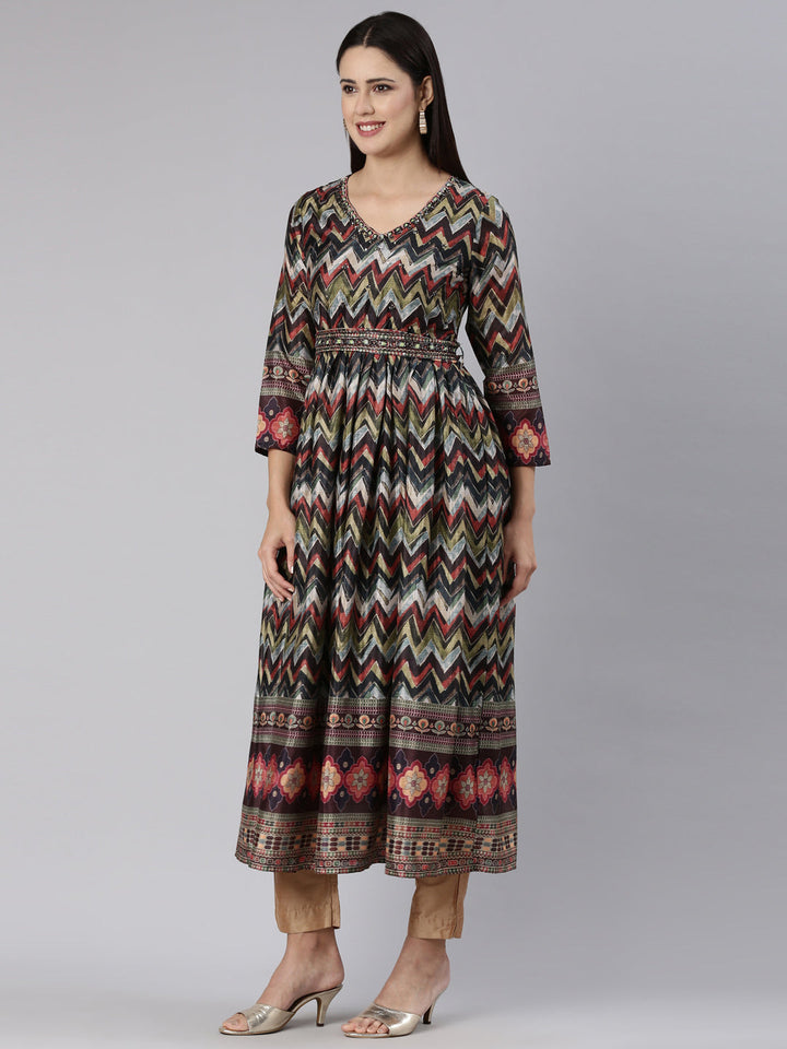 Neerus Multi printed chevron straight dress - back view