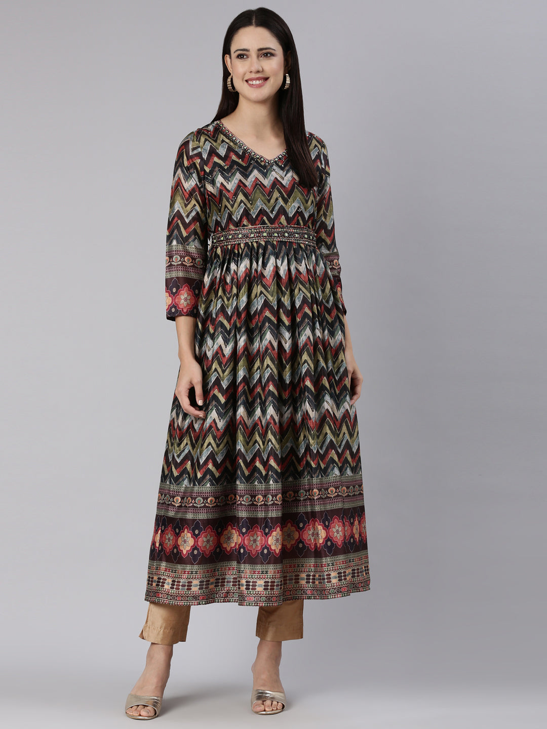 Neerus Multi printed chevron straight dress - detail view 2
