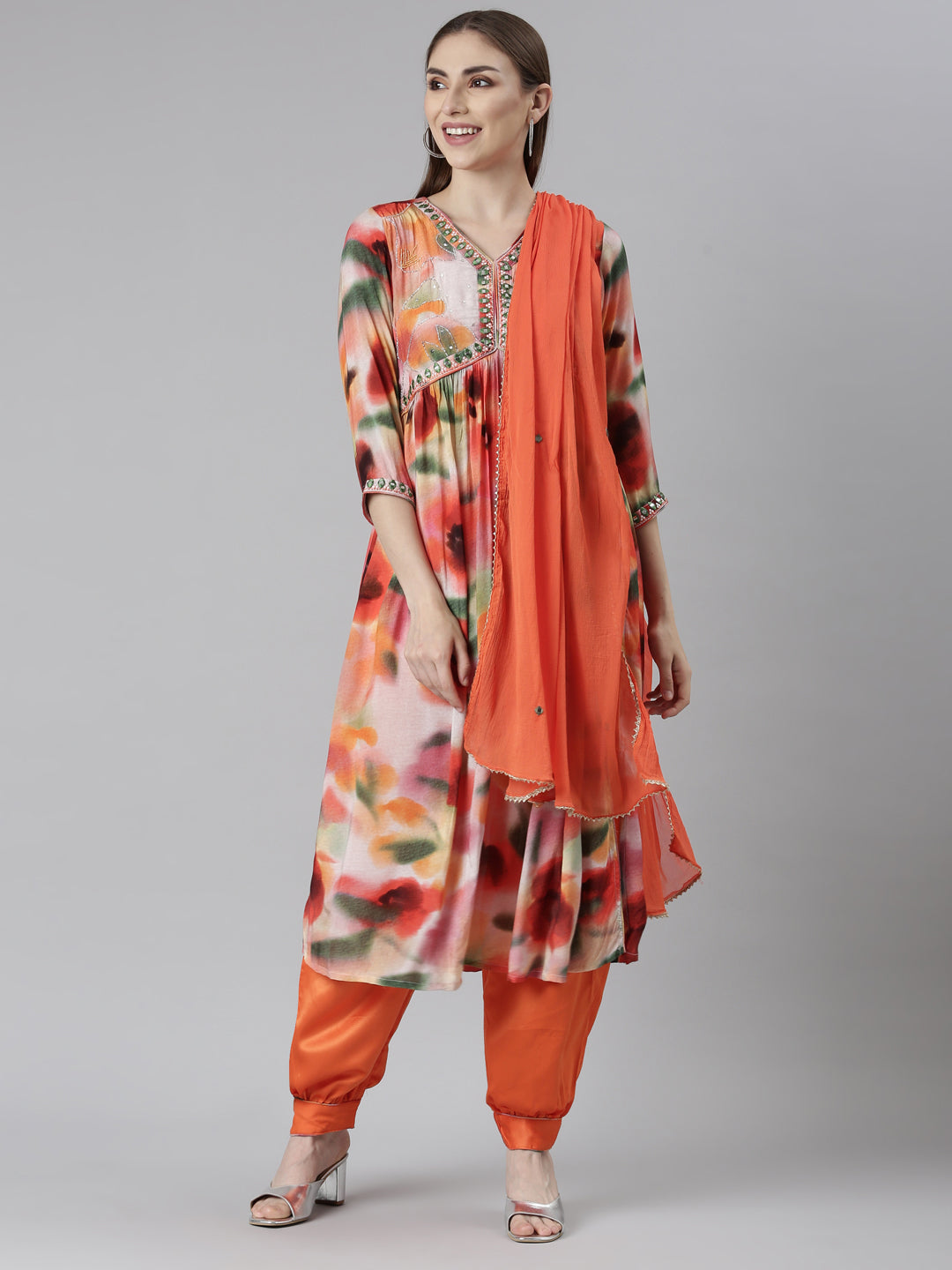 Neerus Orange Shantoon printed kurta set with salwar and dupatta - front view
