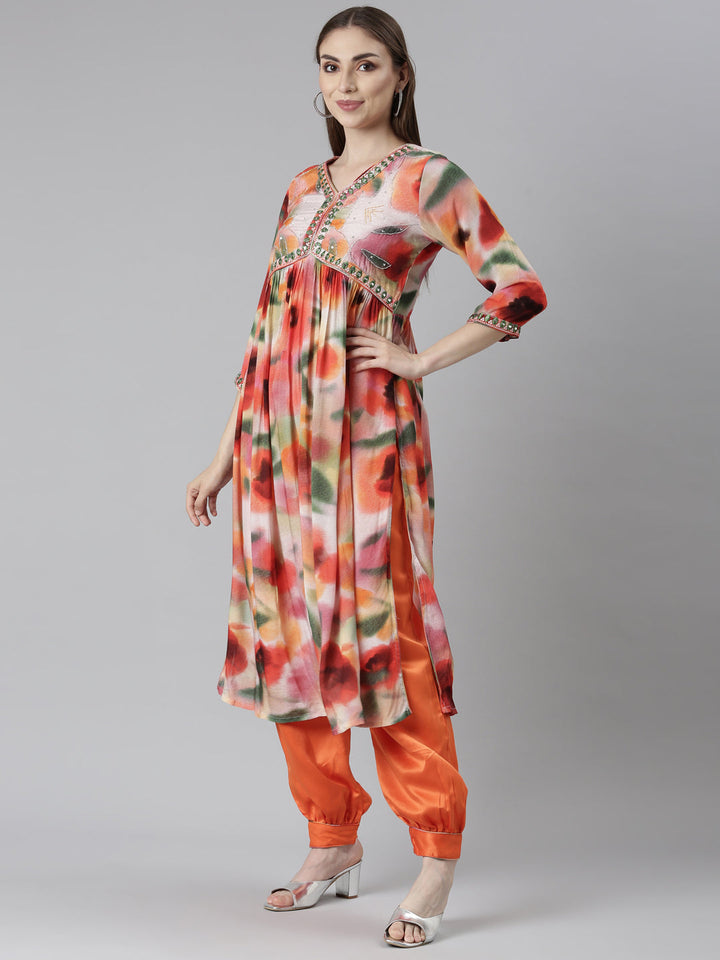 Neerus Orange Shantoon printed kurta set with salwar and dupatta - back view