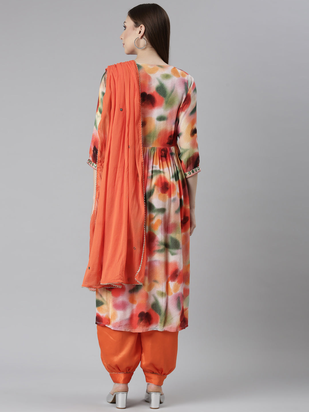Neerus Orange Shantoon printed kurta set with salwar and dupatta - side view