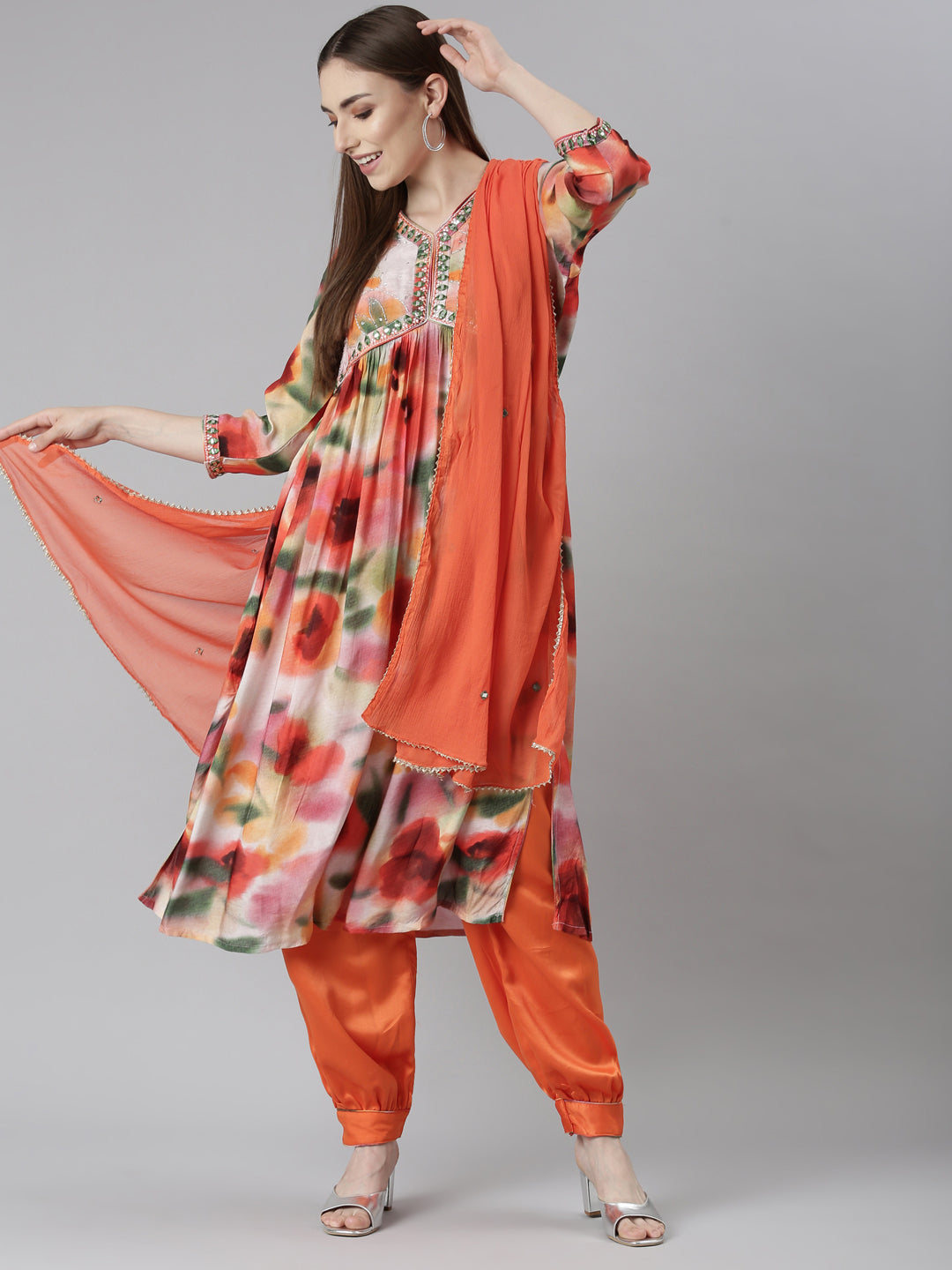 Neerus Orange Shantoon printed kurta set with salwar and dupatta - detail view 2