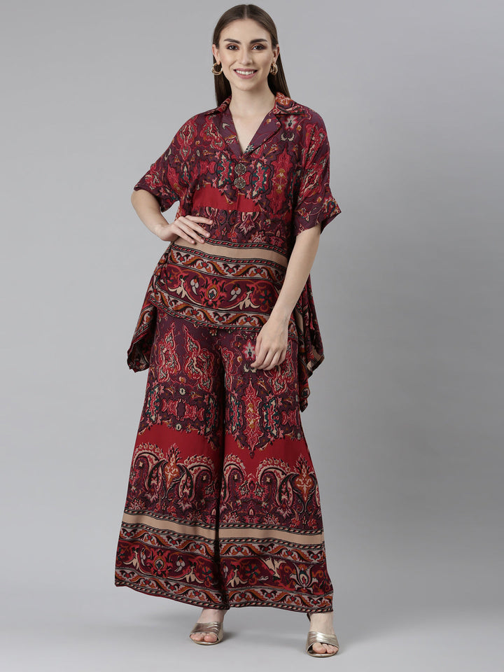 Neerus Orange printed floral co-ord set - front view