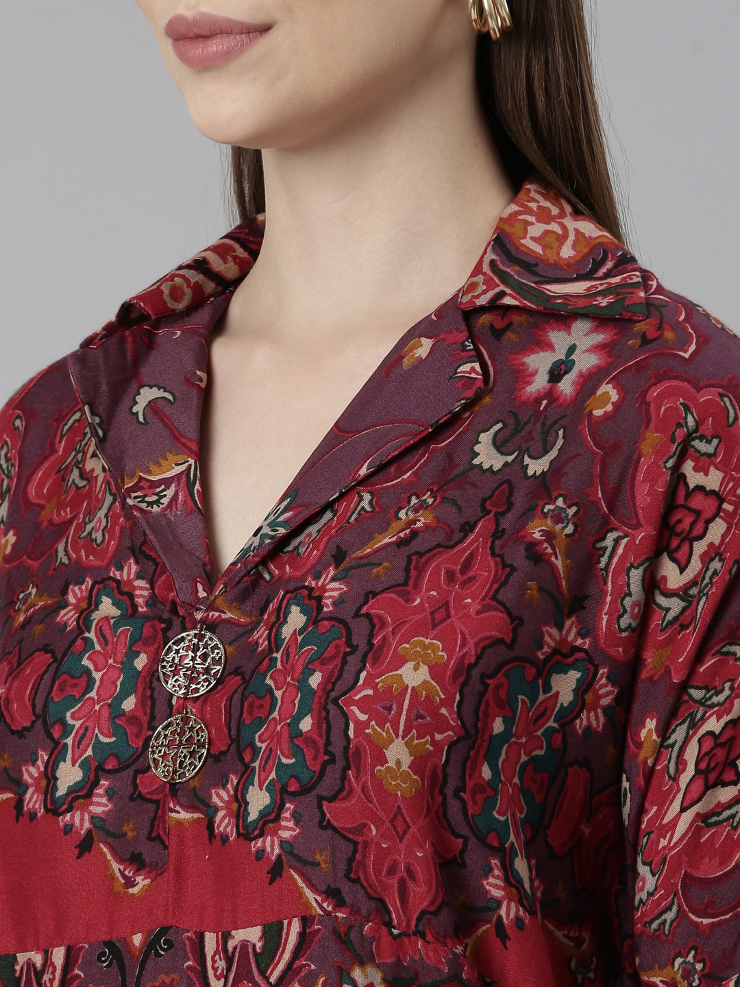 Neerus Orange printed floral co-ord set - detail view 1