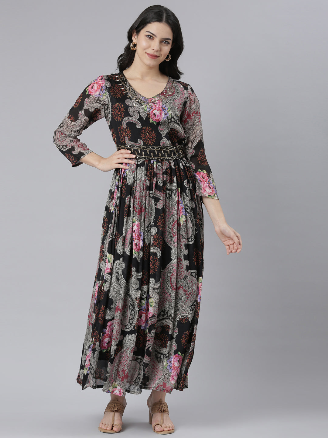 Neerus Black chinon printed floral flared dress - front view