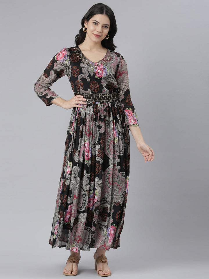 Neerus Black chinon printed floral flared dress - front view