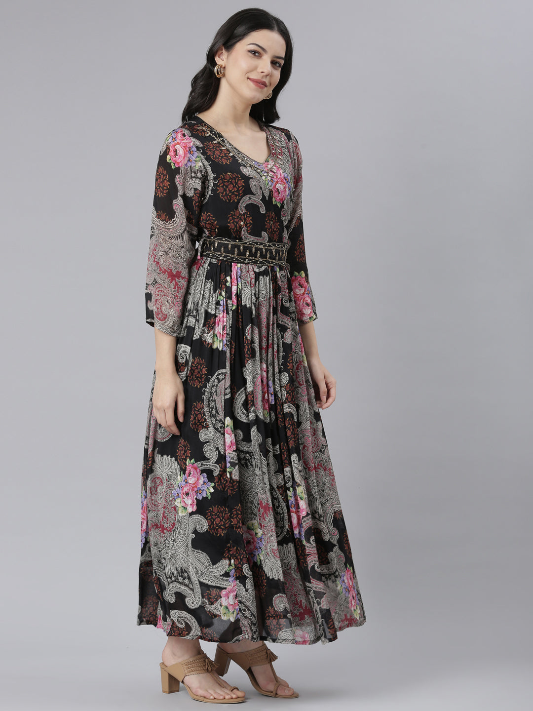 Neerus Black chinon printed floral flared dress - back view