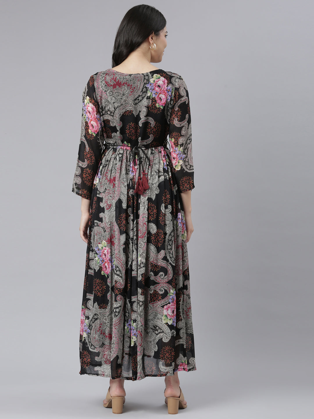 Neerus Black chinon printed floral flared dress - side view