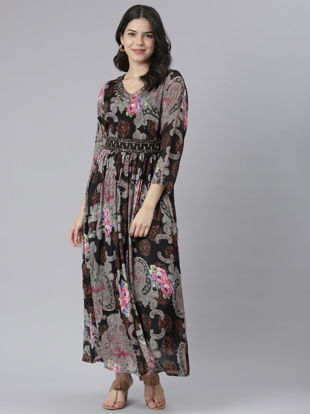 Neerus Black chinon printed floral flared dress - detail view 2