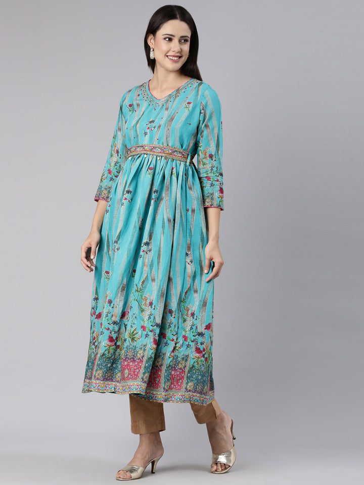 Neerus Blue Straight Casual Floral Dress