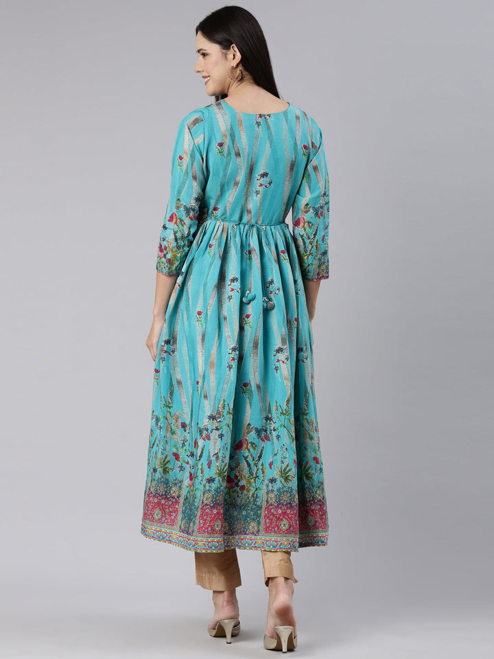 Neerus Blue Straight Casual Floral Dress