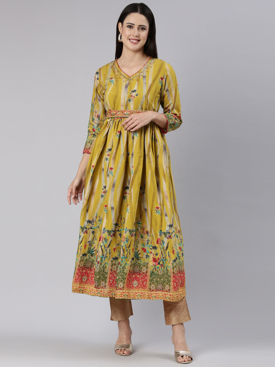 Neerus Green floral printed straight dress - front view