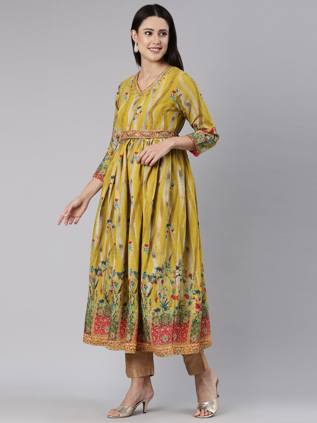 Neerus Green floral printed straight dress - back view