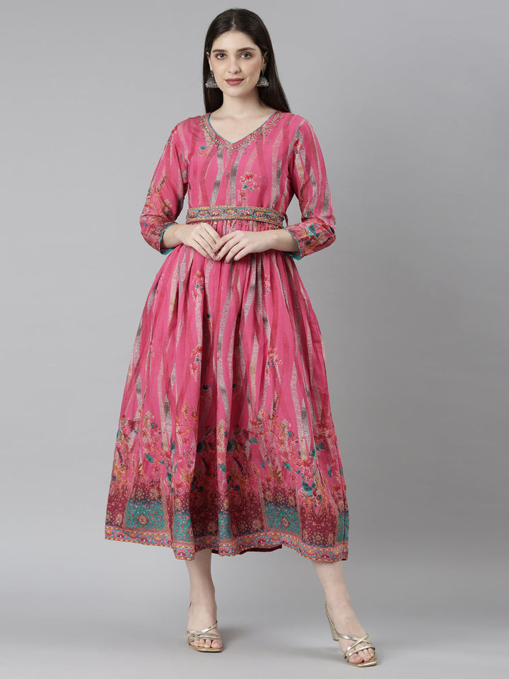 Neerus Pink floral printed flared dress - front view