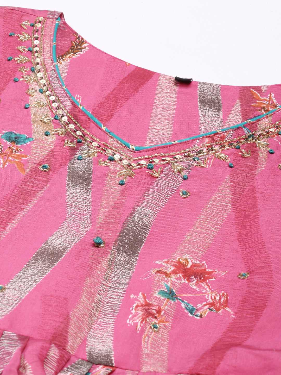 Neerus Pink floral printed flared dress - back view