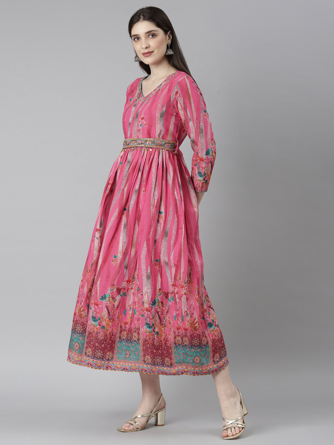 Neerus Pink floral printed flared dress - side view
