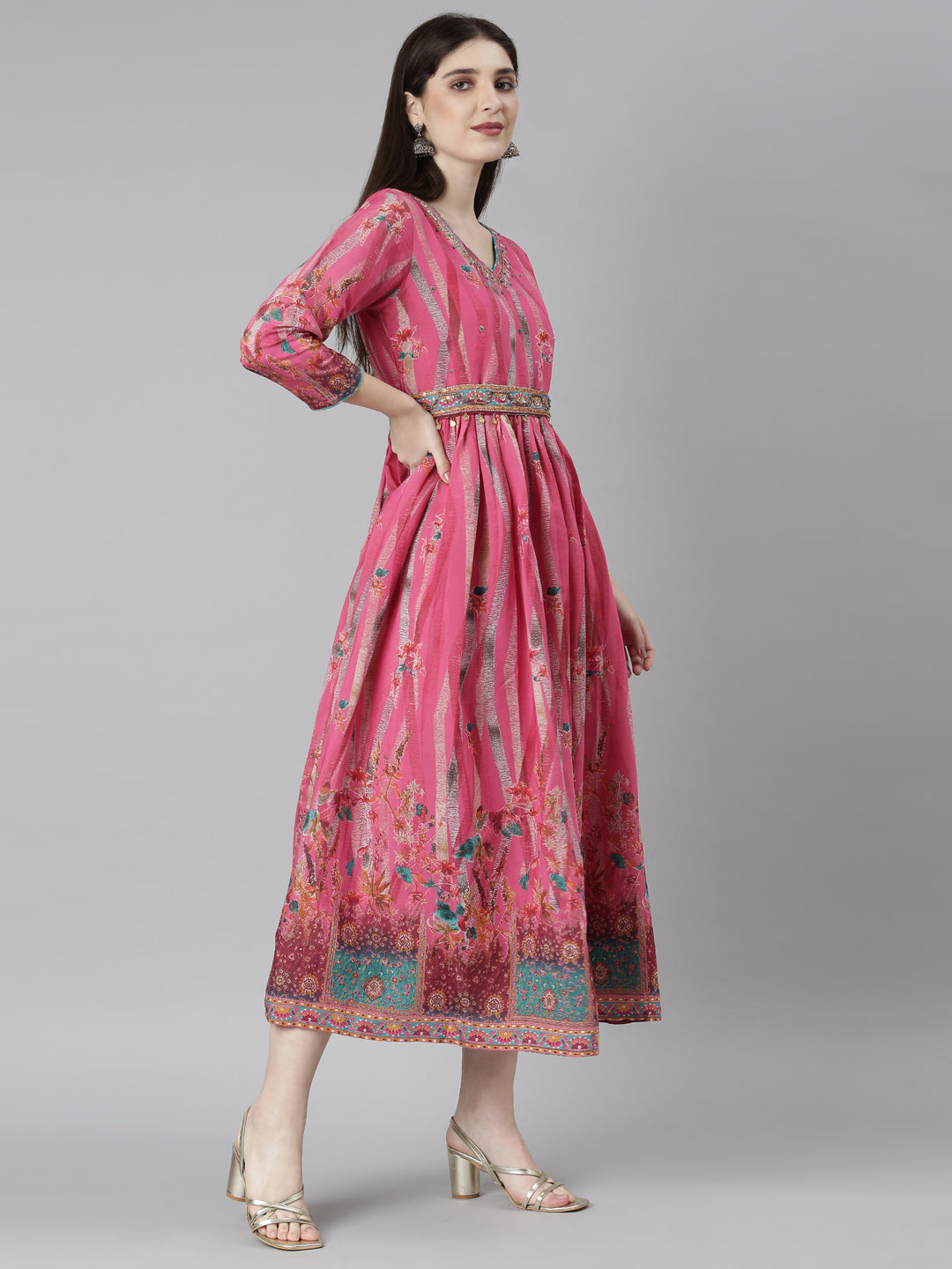 Neerus Pink floral printed flared dress - detail view 1