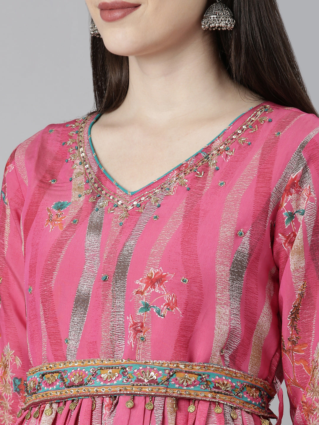 Neerus Pink floral printed flared dress - detail view 4