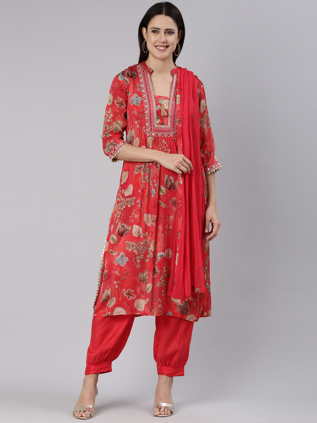 Neerus Red printed straight kurta set with dupatta - front view