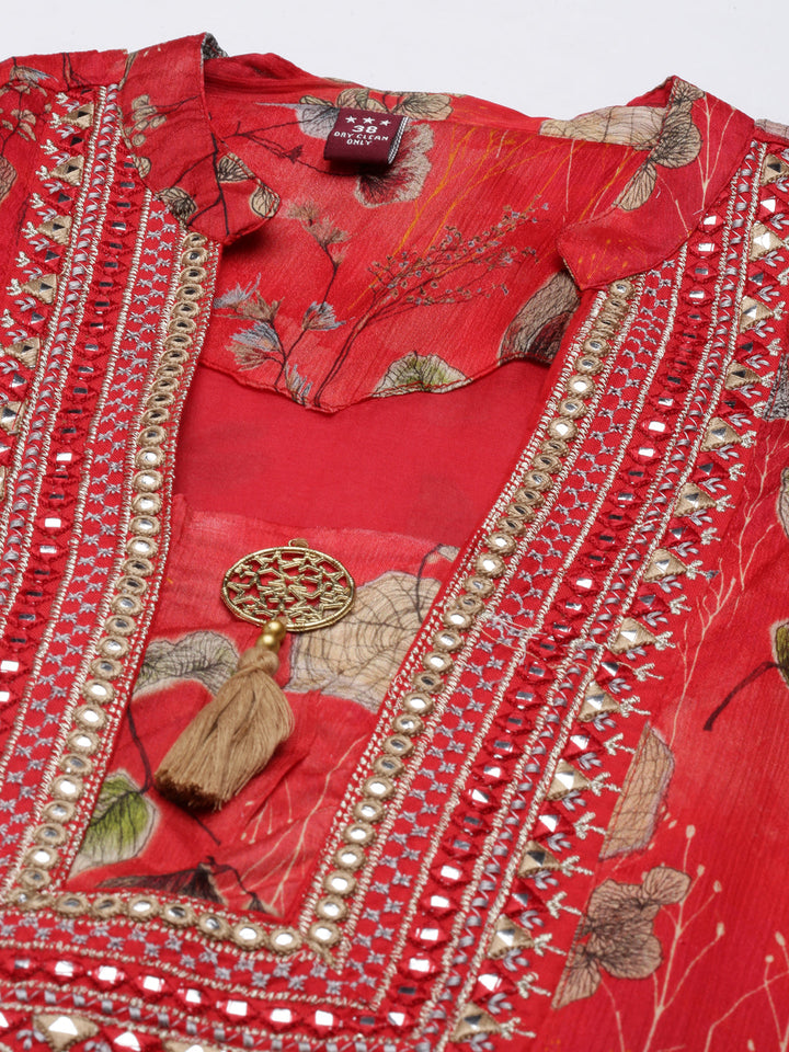 Neerus Red printed straight kurta set with dupatta - detail view 1