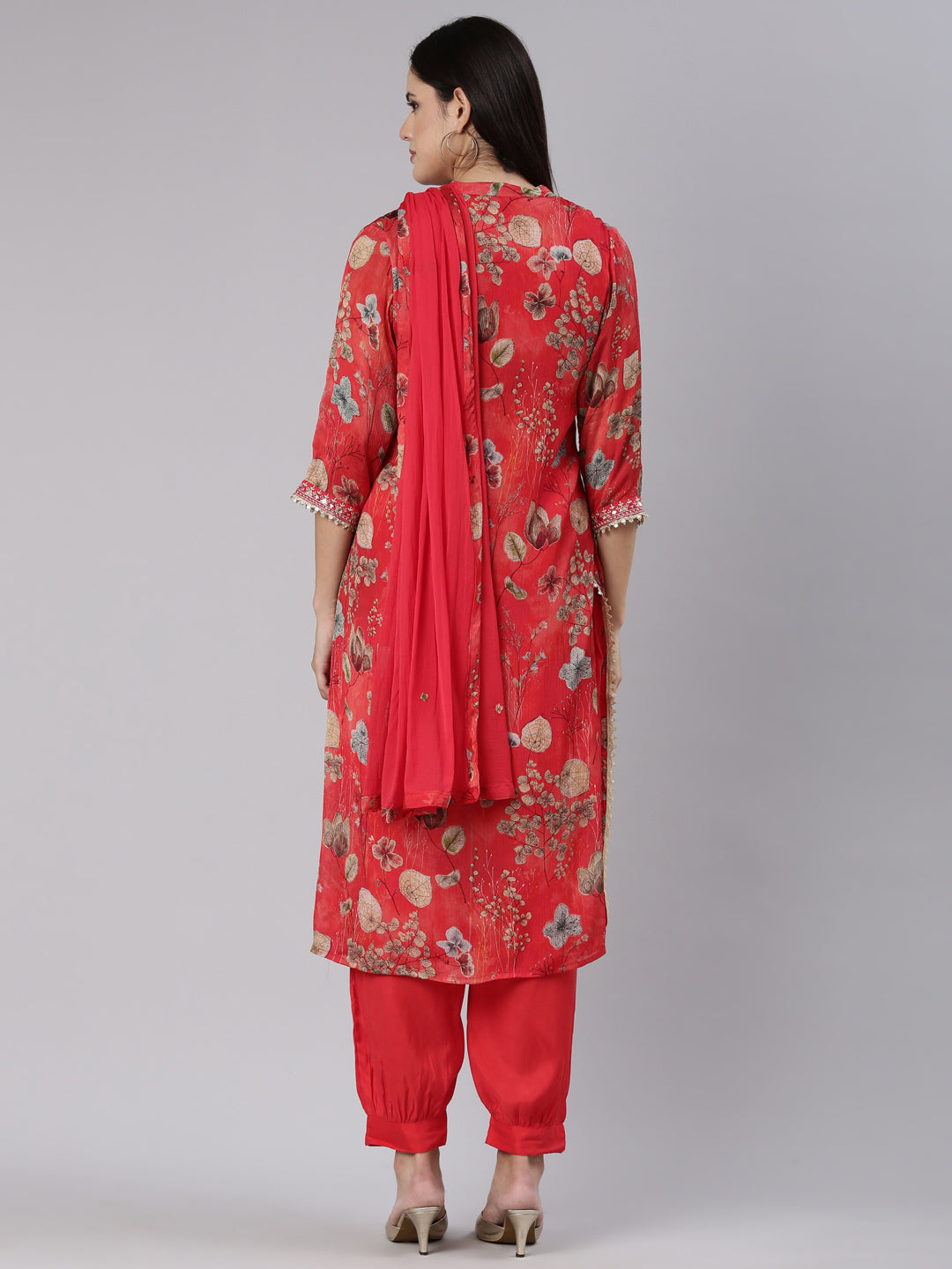 Neerus Red printed straight kurta set with dupatta - side view