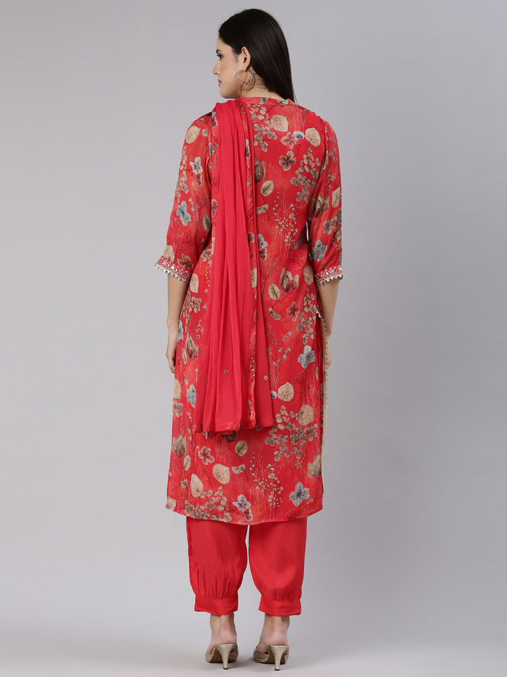 Neerus Red printed straight kurta set with dupatta - side view