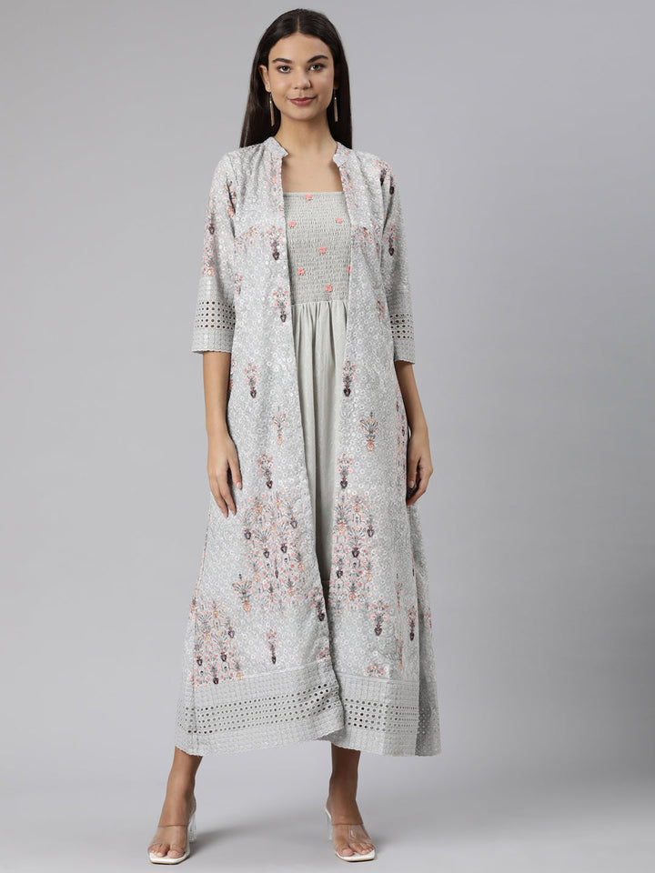 Neerus Green chikankari floral straight dress - front view