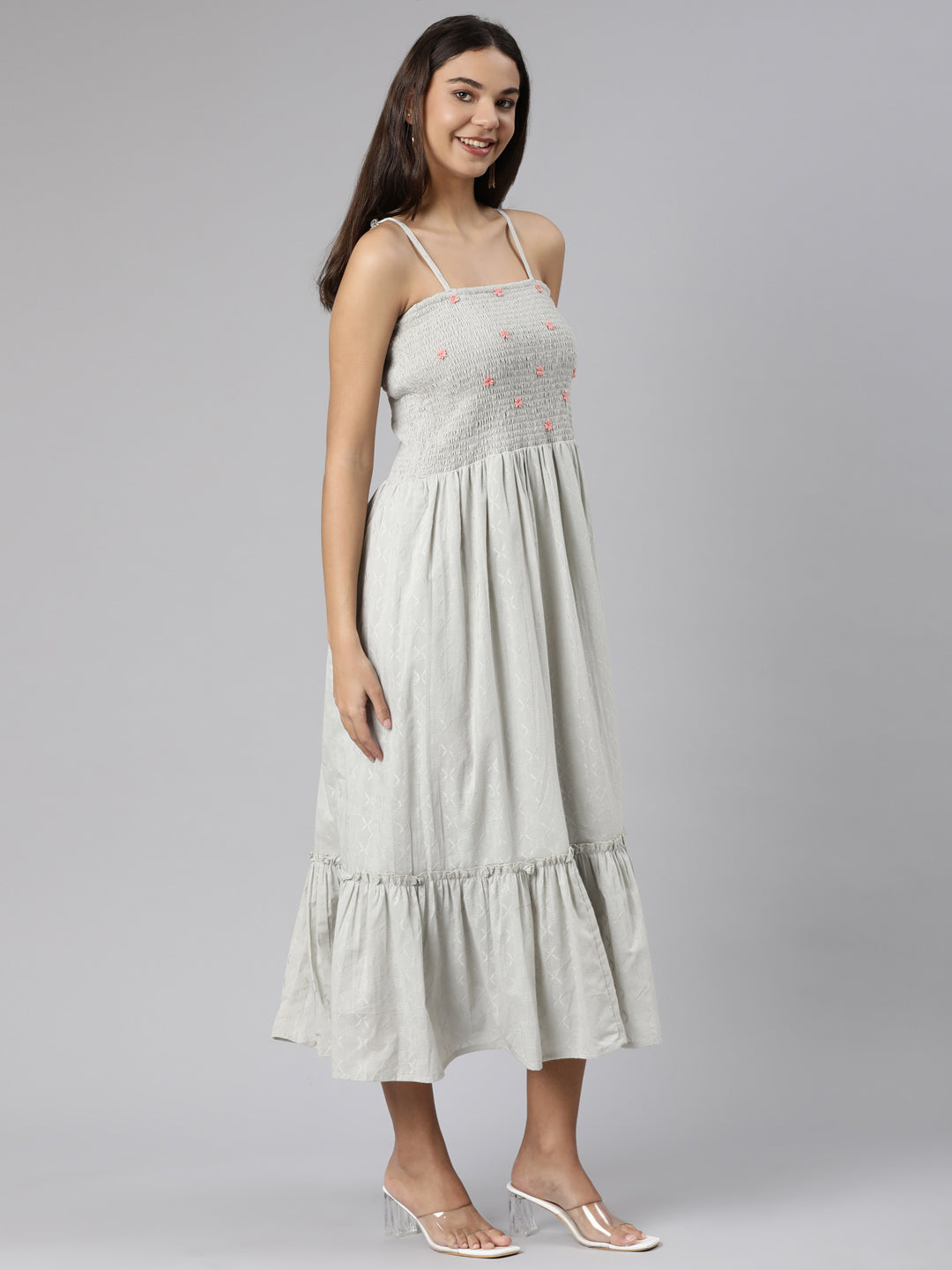 Neerus Green chikankari floral straight dress - back view