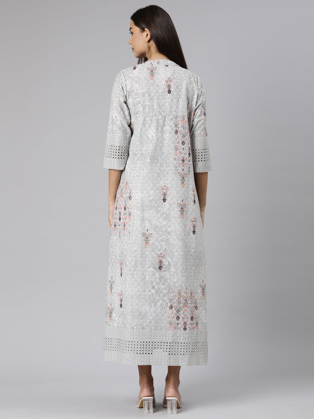 Neerus Green chikankari floral straight dress - side view
