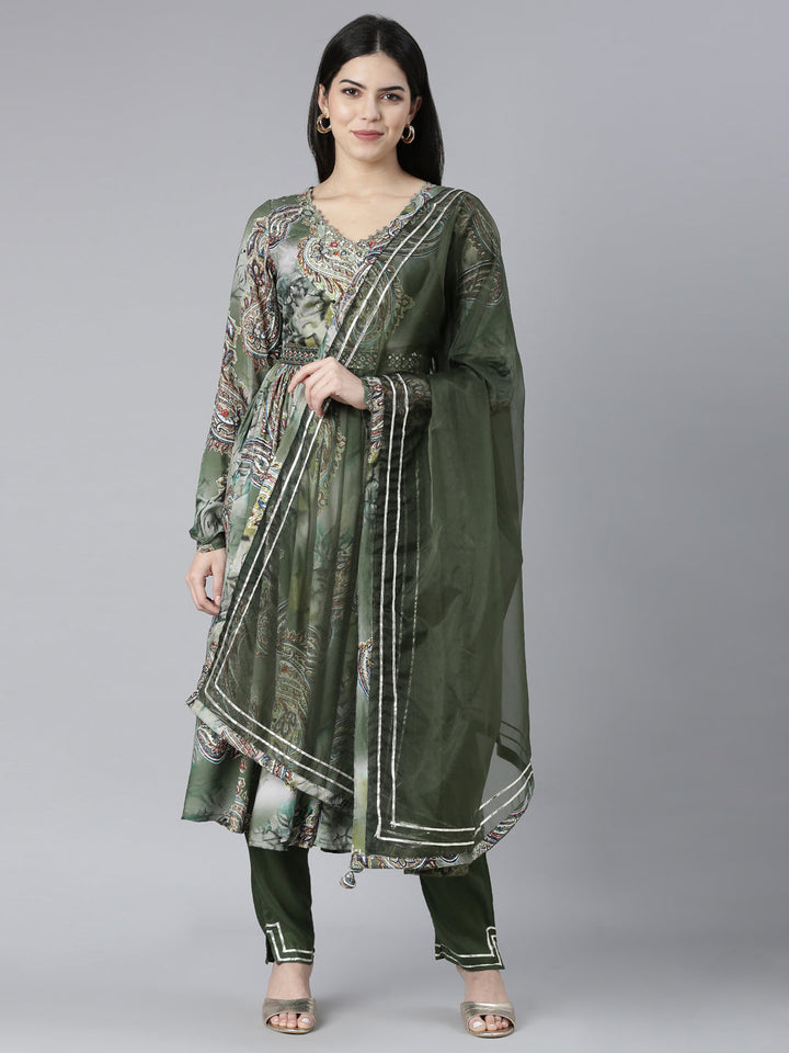 Neerus Green shantoon printed kurta set with trouser and dupatta - front view